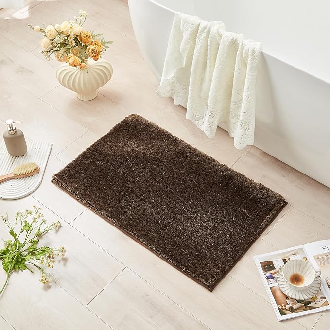 CozeCube Upgraded Shaggy Bath mat for Bathroom Non Slip 20" X 32", Super Soft Quick Dry Bath Rugs, Fluffy Plush Bathroom Rugs Machine Washable, Dark Brown