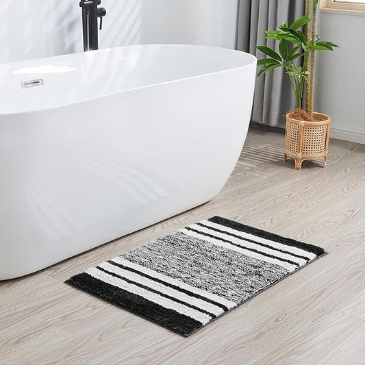 CozeCube Black Striped Bath mats for Bathroom Non Slip, Fluffy Absorbent Microfiber Bath mat Washable, Aesthetic Bathroom Rugs, Cute Bath mat for Sink, 20" x 32"