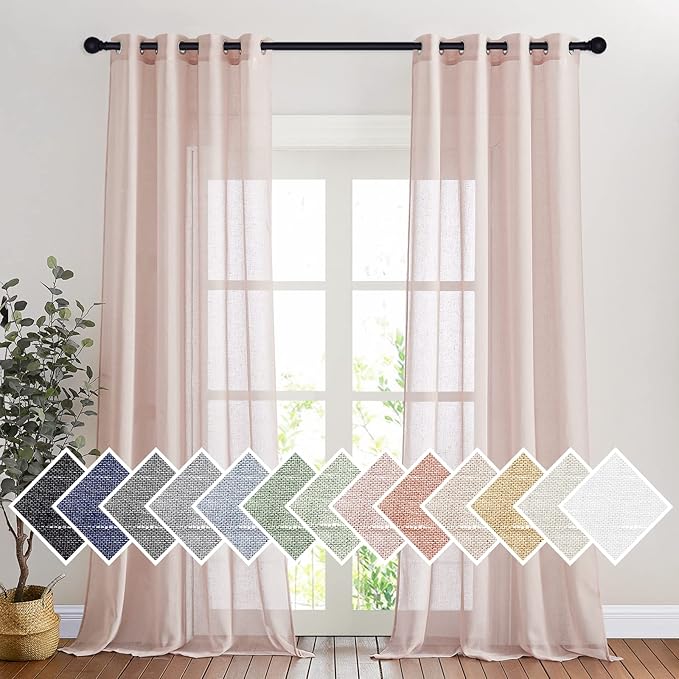 NICETOWN Linen Textured Semi Sheer Bedroom Curtains, Grommet Top Flew to Floor Thick Semitransparent Window Treatment Privacy Light Reducing for Nursery, W52 x L96, Dusty Blush, 2 Panels