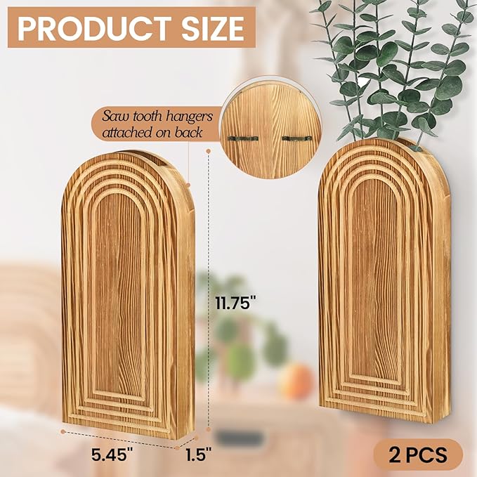 2 Pack Wall Decor Wood Planters for Indoor Plants, Modern Planter Bathroom, Living Room, Kitchen Decor, Farmhouse Vase Dried Flowers and Faux Greenery(Rustic Brown)