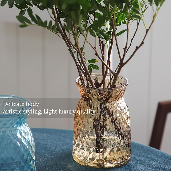 OFFIDIX Glass Vase,6.5 * 4.5in Large Mouth Shape Geometric Faceted Design Flower Vase for Weddings,Events,Decorating,Office,Home Decor