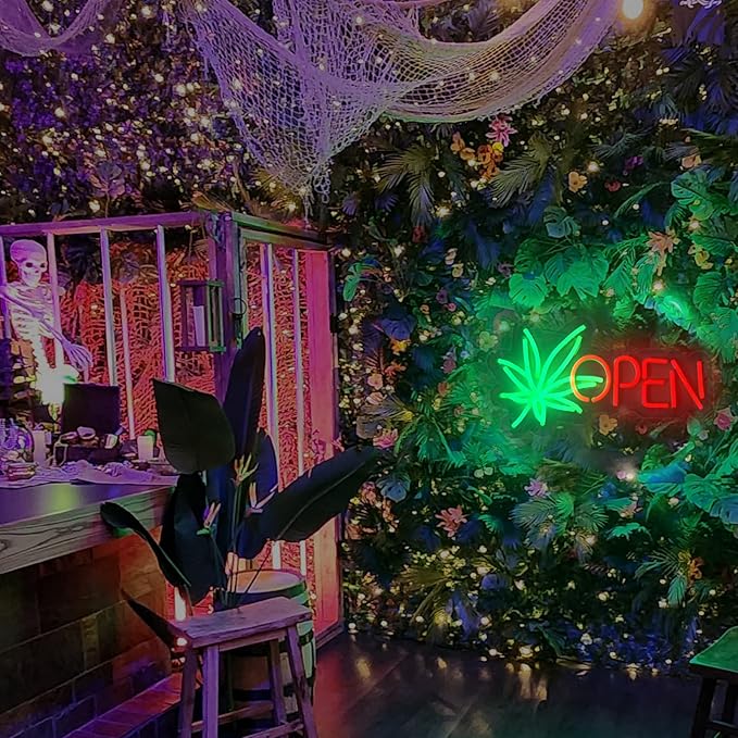 Open Neon Sign, Neon Signs for Wall Decor, Dimmable Neon Green Leaf LED Signs for Bedroom Aesthetic, Light Up Neon Signs for Hotel Beer Bar Man Cave Club Pub Party Decorations
