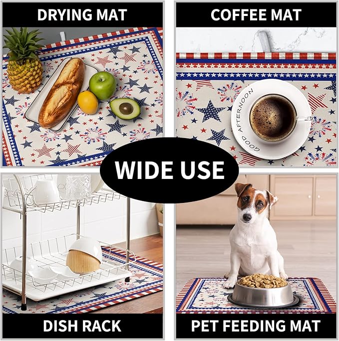 Happy 4th of July Patriotic Dish Drying Mat 16 x 18 Inch US Independence Day Vintage Star Kitchen Drying Mat Blue White Red Dish Drainer Mats Super Absorbent Dish Rack Pad for Coffee Bar Sinks