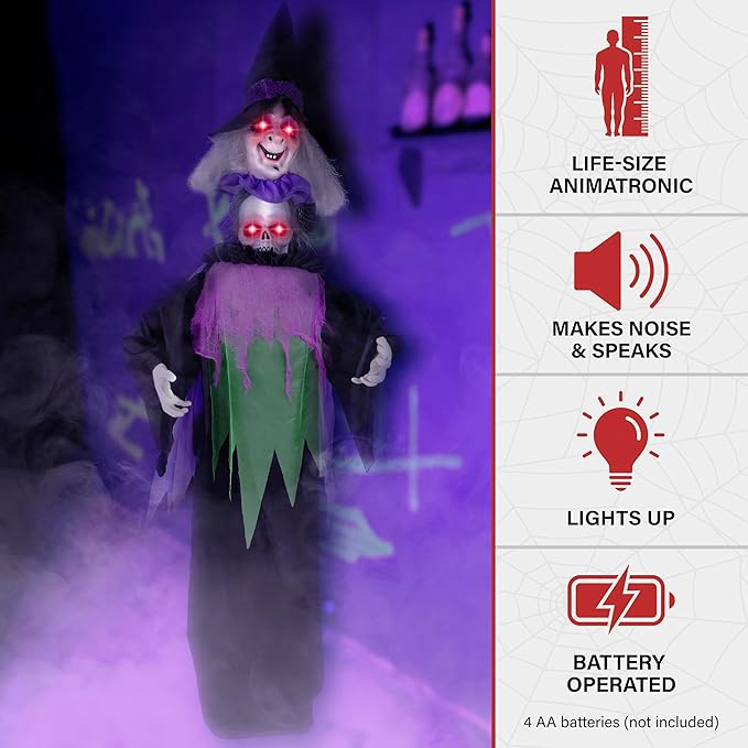 Haunted Hill Farm Lifesize Animatronic Scary Talking Witch with Touch Activated Lights and Sound, Battery-Operated Indoor or Covered Outdoor Halloween Decoration