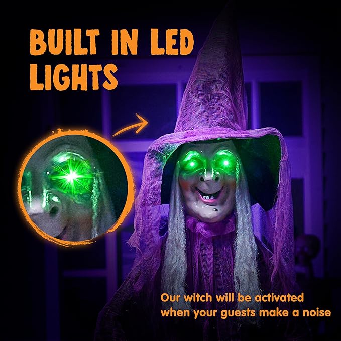 JOYIN 72” Halloween Decorations Standing Witch with Cauldron, Scary Ghost Decor with Sound and Lights, Sound-Activated for Haunted House Yard Lawn Garden