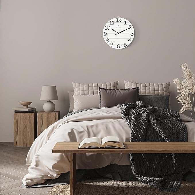 Lafocuse 12 Inch Silent White Wall Clocks for Kitchen Living Room Decor, Wooden Rustic Wall Clock Battery Operated, Decorative Farmhouse Clock