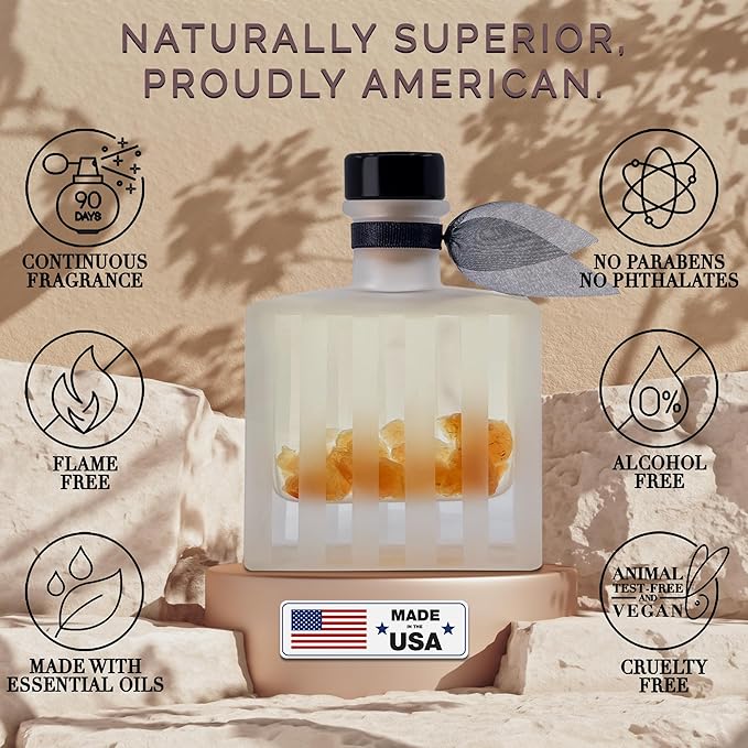 LOVSPA Black Amber Essential Oil Reed Diffuser Gift Set | Rich Amber, Sandalwood, Citrus & Exotic Florals | Modern Home DΓ©cor Room Fragrance Scent | Modern Striped Glass Bottle | Made in The USA