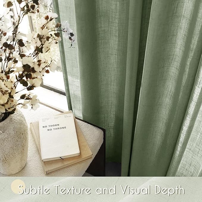 Olive Green Curtains 84 inch Length 2 Panels for Bedroom Back Tab Light Filtering Semi Sheer Drapes Linen Cotton Textured Airy Modern Farmhouse Living Room Sage Aesthetic Decor 52x84