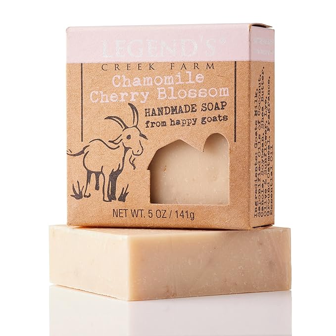 Legend's Creek Farm Goat Milk Soap - Cleansing Moisturizing Soap Bar for Hands and Body - 5 Oz Creamy Lather, Nourishing, Gentle Natural Soap for Sensitive Skin (Chamomile Cherry Blossom, Pack of 2)
