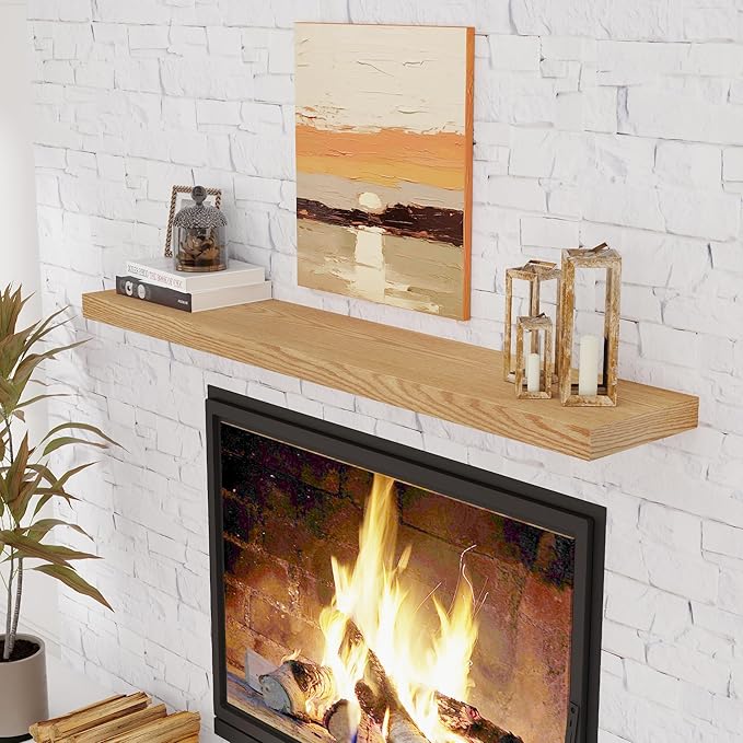 Fun Memories 55 Inch Oak Floating Shelves, 9.3 Inch Deep Wall Mounted Floating Shelf, 55 x 9.3 Large Storage Wall Shelf for Living Room, Floating TV Stand, Farmhouse Rustic 55" Long Fireplace Mantel