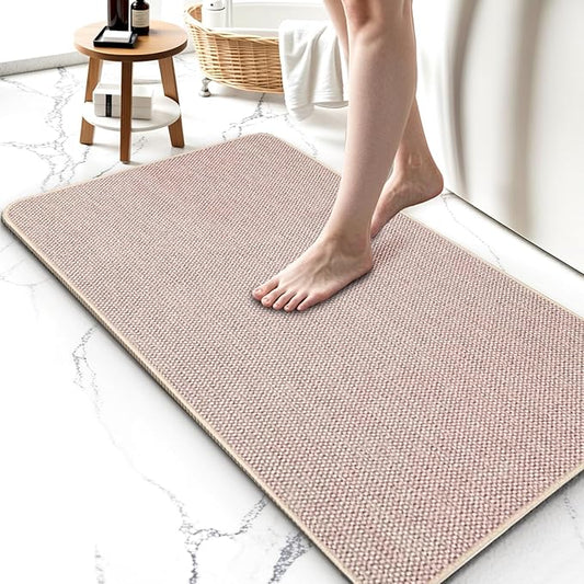 Upgraded Thin Bathroom Rugs, Bath Mat Super Absorbent, Bath Rugs Rubber Backing Non-Slip, Quick Dry Machine Washable, Cozy Cloth Bathroom Mat fit Under Door/Sink/ Bathtub/Shower/Kids 19''x30''-Biege
