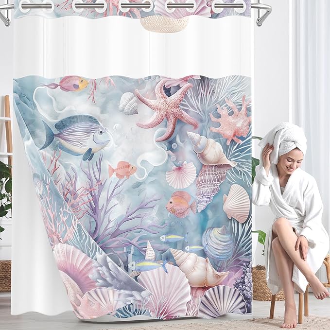 Sea Shells Coral No Hook Shower Curtain with Snap in Liner, Starfish Seashell Underwater Bath Curtain with Double Layers Waterproof Fabric and Mesh Top Window 71x74 Inch