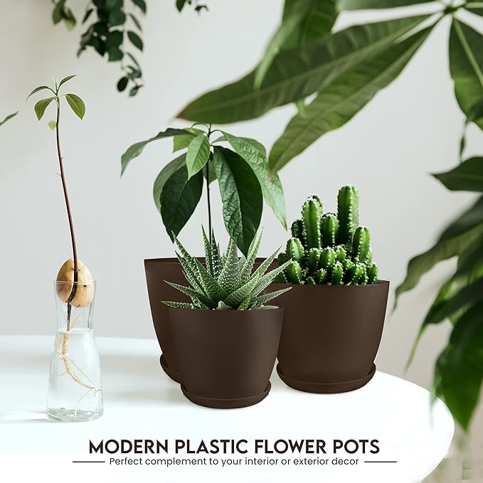 Utopia Home Plastic Planters - Flower Nursery Pots Indoor Modern Decorative Plastic Pots for Plants, Succulents, Flowers, and Cactus (5 Pack, Multisize, Brown)