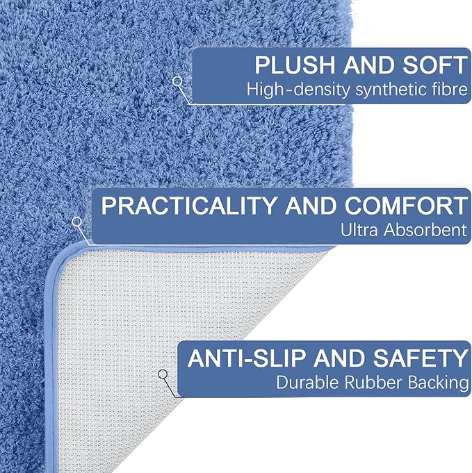 AROGAN Luxury Long Bathroom Runner Rug, 24x60 Inch Thick Soft and Absorbent Non Slip Bath Mat, Rubber Backing Quick Dry Rugs Carpets, Machine Washable Plush Mats for Shower Floor, Blue