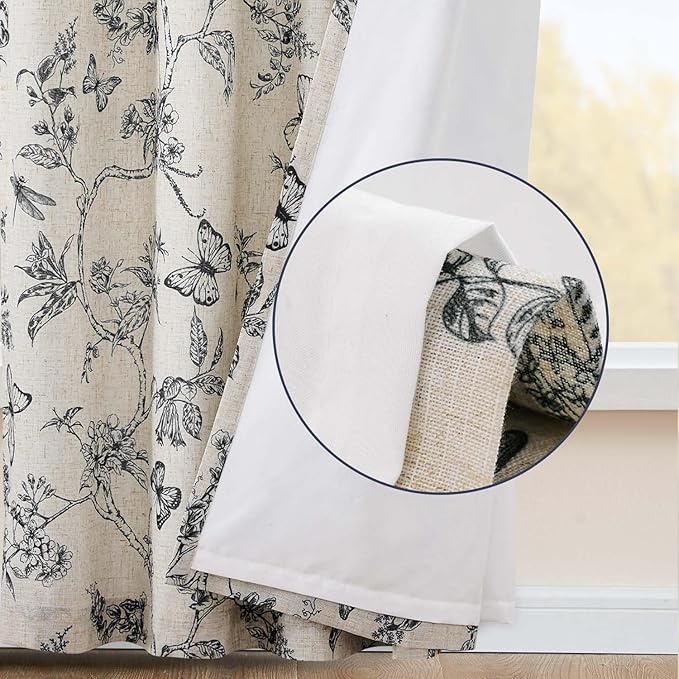 jinchan Floral Curtains Lined Linen Blend Curtain for Living Room 96 Inch Length Black Farmhouse Flower Patterned Curtain French Country Curtains Drapes Back Tab Rod Pocket 2 Panels