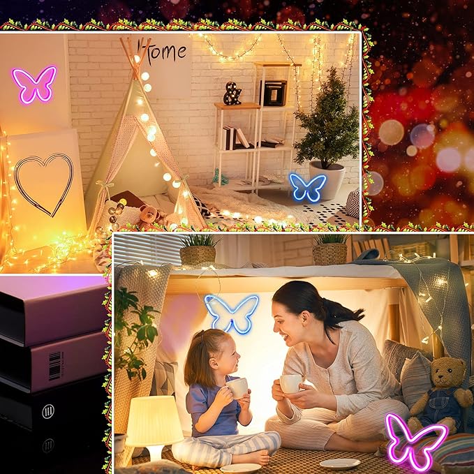 Riakrum 2 Pcs Butterfly Neon Signs LED Light 3AA Battery Powered USB Operated Wall Neon Light Decor Butterfly Wall Art for Christmas Home Bedroom Birthday Party Decor(Pink, Blue)