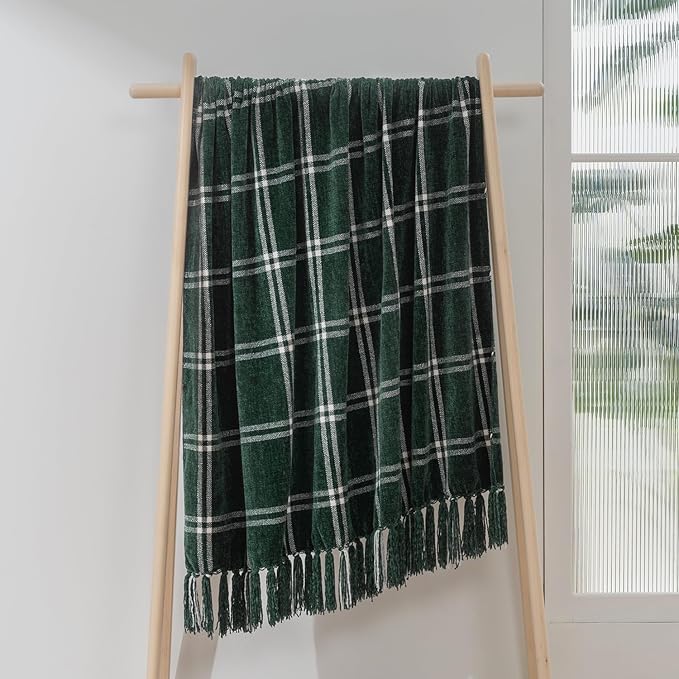 EVERGRACE Plaid Chenille Throw Blanket for Couch, Super Soft Cozy Decorative Windowpane Grid Plaid Throw with Tassels, Lightweight Chenille Knit Throw for Bed Sofa Gift, Dark Green & White 50”x60”