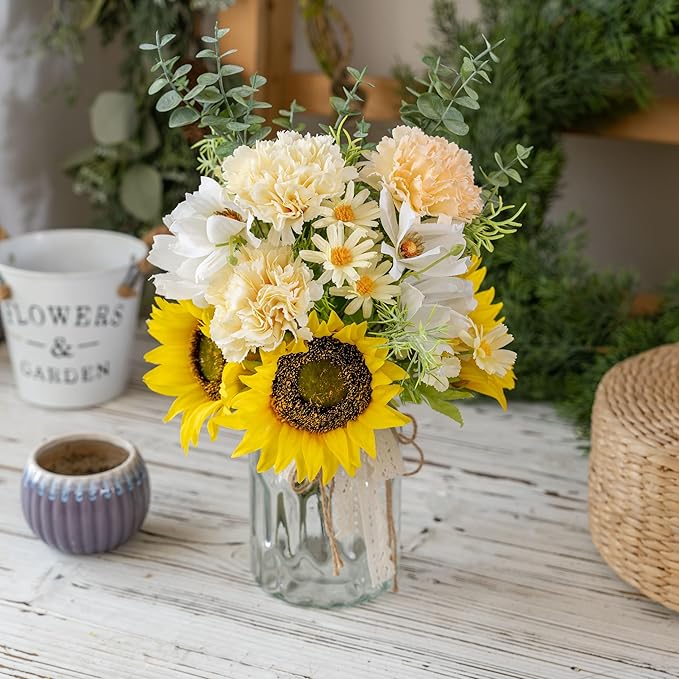 LUEUR Fake Flowers Artificial Sunflowers with Vase, Faux Silk Carnation,Daisy Flowers for Home Office Decorations, Kitchen Dining Table Decor, Farmhouse Centerpiece Table Decoration