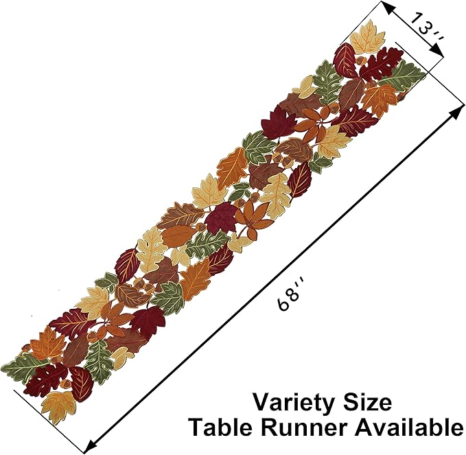 OWENIE Leaves Fall Table Runner, Fall Decor for Home, Thanksgiving Runner, 13 Inch x 70 Inch, Embroidered Harvest Maple Leaf Decoration for Autumn, Applique Dresser Scarf