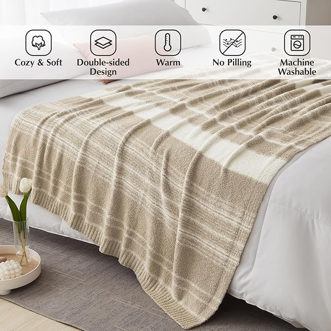 WRENGONGE Khaki Throw Blanket, 50x70 Soft Cozy Striped Throw Blankets for Couch, Sofa, Bed, Travel, Lightweight Fluffy Warm Plush Decorative Blankets for Women, Men,Kids Gift