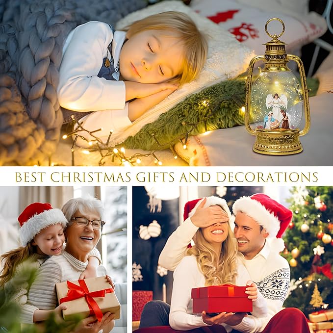 Christmas Snow Globes, 12.5" Angel and Nativity Glitter Water Lantern with Song, 6H Timer Battery & USB Powered Music Box for Christmas Decorations Indoor
