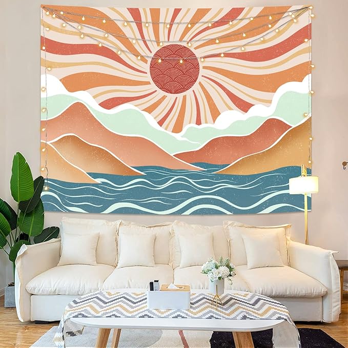 Lunerfex Boho Sun Tapestry Sunset Wall Tapestry, Mountain Tapestries for Bedroom 80s Tapestries Wall Hanging for Bedroom Living Room Wall Decor Boho-2 70"x90"