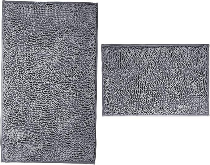 Bathroom Rugs 2 Pieces Chenille Bath Rug Mat, Extra Thick and Soft Absorbent Bath Rugs, Machine Washable, Non-Slip Plush Bath Mats for Tub, Shower, and Bath Room, (dark gray, 32"x20"+24"x16")
