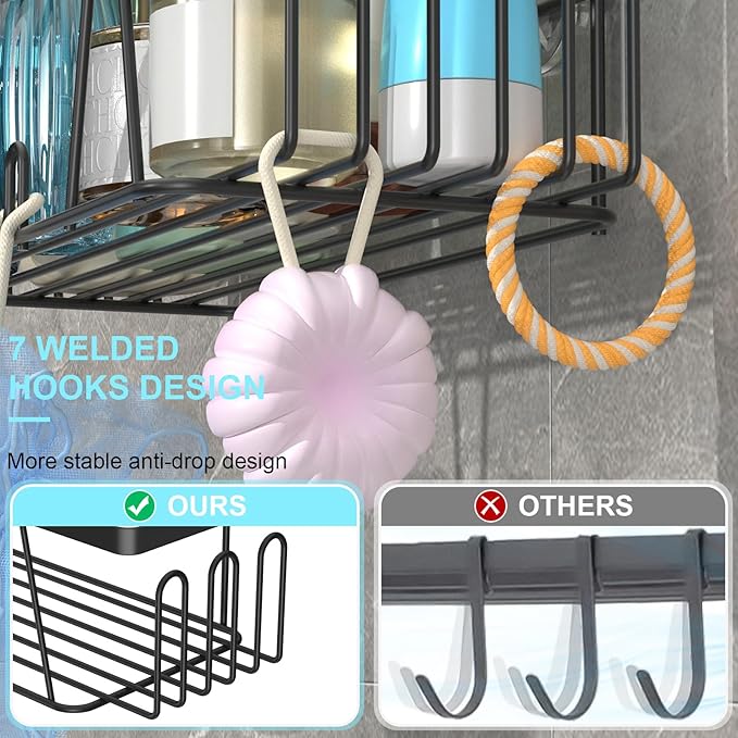 STEUGO Adhesive Shower Shelf - 5 Pack Drill-Free Shower Caddy with Soap and Toothbrush Holder, Rustproof Stainless Steel Black