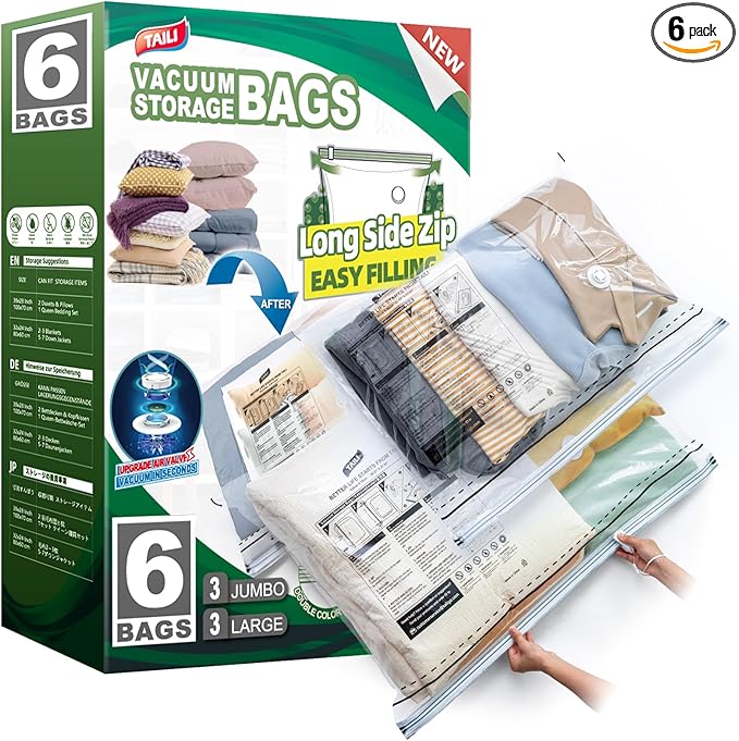 TAILI LONG SIDE ZIP 6 Pack Vacuum Storage Bags, Multi-Size Vacuum Seal Bags for Clothing (3 Large+3 Jumbo), Storage Bulky Beddings, Comforters and Clothes, Space Saver for Closet Organization