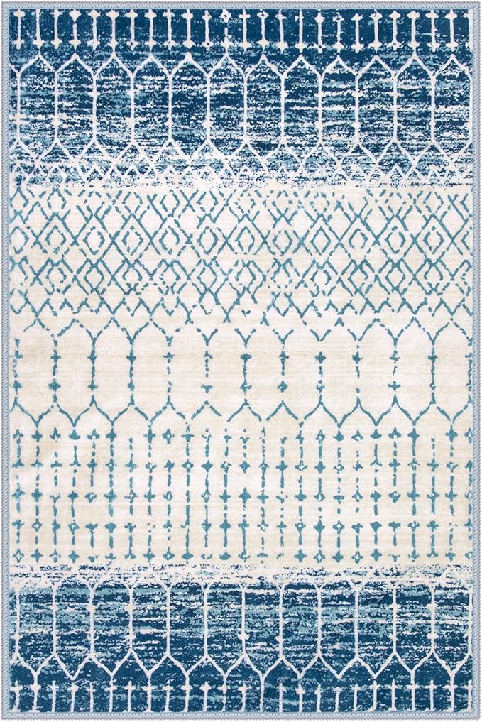 Lahome Moroccan Entryway Rugs Indoor - 2x3 Area Rug Blue Non-Slip Backing Washable Indoor Mats for Entryway Low-Profile Throw Soft Rugs for Bathroom, Geometric Print Door Rug for Kitchen Bedside