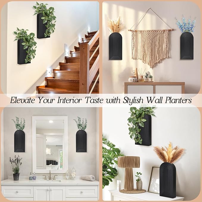 Wall Planter for Indoor Plants, Black Wall Decor for Living Room, Bathroom, Wood Wall Vases for Decor Dried Flowers and Faux Greenery, Set of 2 Modern Farmhouse Decor Hanging Planter