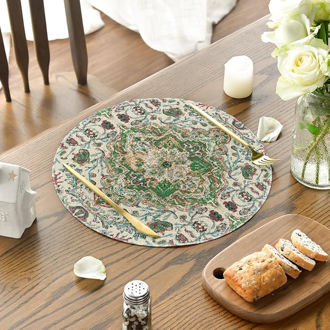 Artoid Mode Boho Round Placemats Set of 4,14 Inch Seasonal Daily Green Flowers Bohemian Table Mats for Party Kitchen Dining Decoration