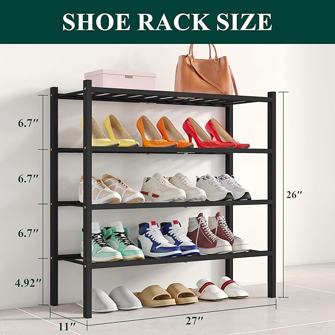Smiry Shoe Rack, 4 Tier Bamboo Shoe Organizer, Stackable Free Standing Wooden Shoe Storage Shelf for Closet, Entryway, Front Door Entrance, Black