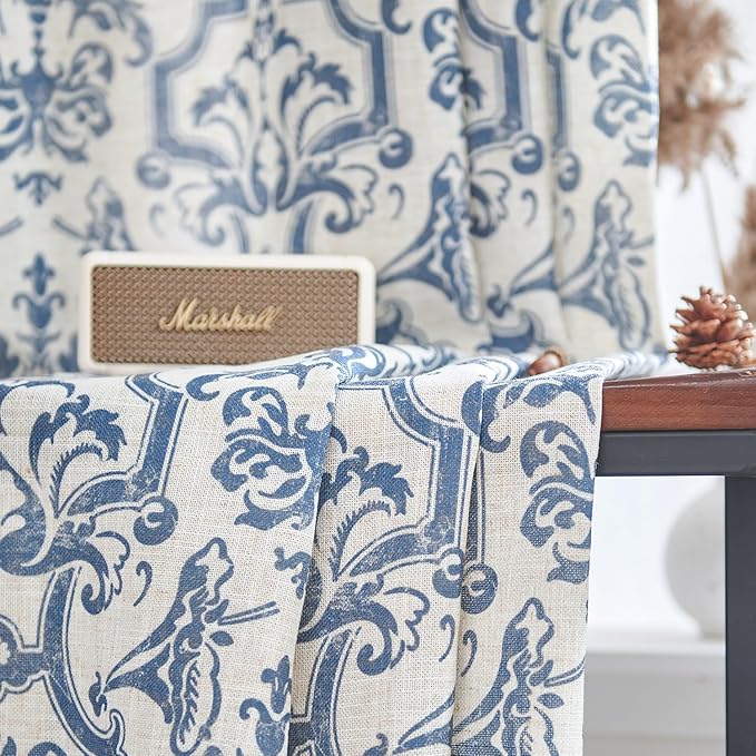 jinchan Curtains for Bedroom, Light Filtering Curtains 90 Inch Length 2 Panels Set, Baroque Style Linen Drapes for Living Room, Vintage Damask Patterned Window Treatments, Grommet Slate Blue on Flax