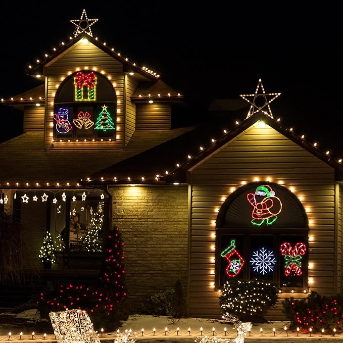 Christmas Decorations - 16" Christmas Window Silhouette Lights - 4 Pack Colour Lighted Christmas Stocking,Candy Cane,Gift Box,Santa for Holiday Indoor/Outdoor Wall Door Window Decorate
