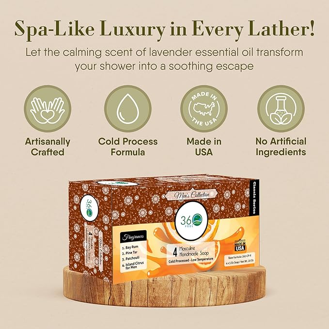 360Feel Men’s Handmade Soap Gift Pack - Nourishing and Hydrating Set of Bar Soap for Men - Infused with Four Bold Masculine Scents Bay Rum, Pine Tar, Patchouli, and Island Citrus - Set of 4