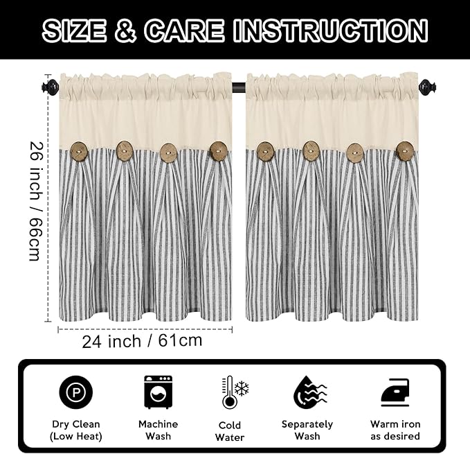 ASPMIZ Cotton Linen Window Treatment Tiers 24 Inch, Boho Rustic Button Kitchen Curtains Farmhouse Style, Grey Stripe Half Window Curtains, Country Short Rod Pocket Curtain for Small Window, 2 Panels