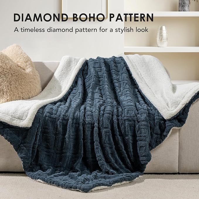 EVERGRACE Jacquard Boho Sherpa Fleece Throw Blanket for Couch, Super Soft Cozy Fuzzy Plush Blankets for All Seasons, Reversible Thick Warm Blanket for Bed, Sofa, Living Room, Stormy Blue, 50" x 60"