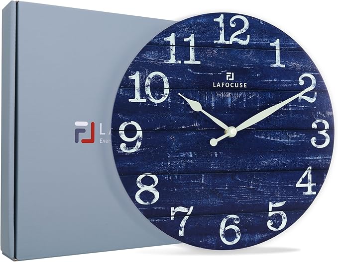 Lafocuse 12 Inch Silent Navy Blue Wall Clocks for Kitchen Living Room Decor, Wooden Rustic Wall Clock Battery Operated, Decorative Farmhouse Clock