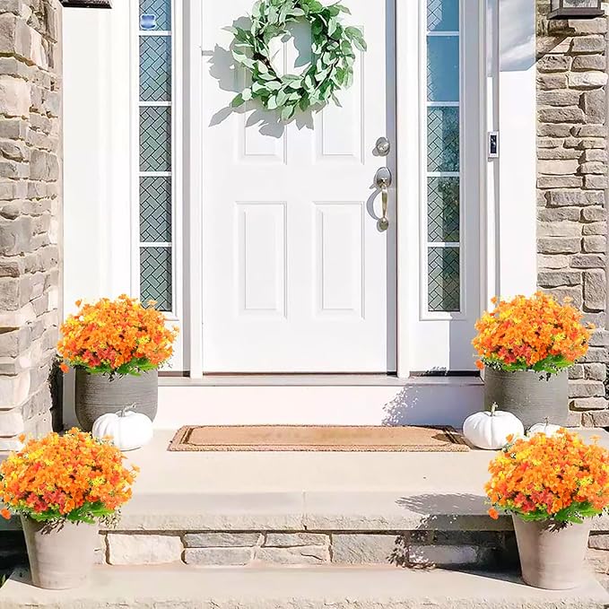 Uieke 6PCS Artificial Fake Fall Flowers for Outside, Daisy Mums Flowers UV Resistant No Fade for Indoor Home Office Hanging Planter Wedding DIY Garden Porch Thanksgiving Décor (Orange)