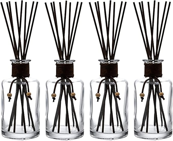 WHOLE HOUSEWARES Set of 4 Diffuser Bottles with Sticks - 7.5oz Empty Glass Diffuser Bottle for Essential Oils - Oil Diffusers Container with 32pcs Reed Sticks for Aromatherapy and Home Fragrance