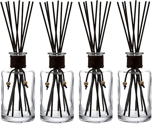 WHOLE HOUSEWARES Set of 4 Diffuser Bottles with Sticks - 7.5oz Empty Glass Diffuser Bottle for Essential Oils - Oil Diffusers Container with 32pcs Reed Sticks for Aromatherapy and Home Fragrance