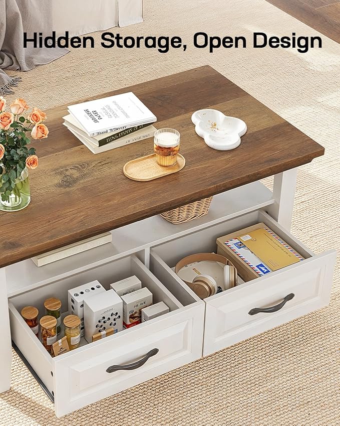 Marsail Farmhouse Coffee Table with Storage, 39.4" Wood Coffee Table for Living Room, Rustic Center Table with 2 Drawers, Open Display Area, Brown&White