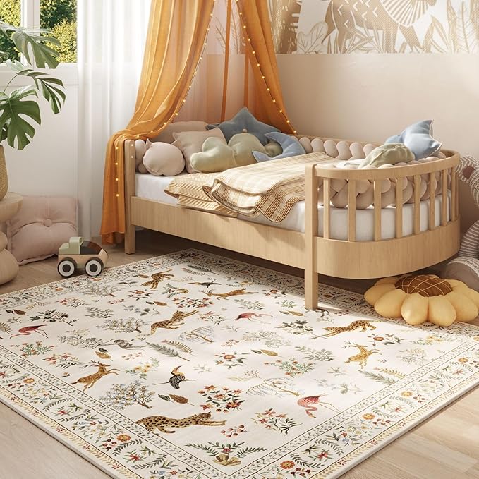 Living Room Rug 6x9 Rug Machine Washable Boho Area Rug Non Slip Floral Animal Vintage Low Pile Large Rug for Living Room, Bedroom, Farmhouse, Dining Room, Kids Playroom (Beige)