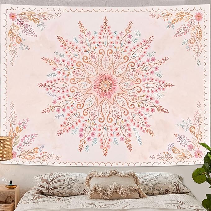 Lunerfex Floral Mandala Tapestry Boho Tapestry for Bedroom Pink Tapestries Wall Hanging Living Room Wall Art and Home Decor 60x80