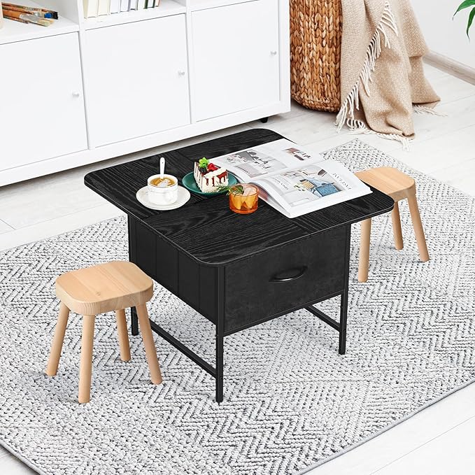 Black Coffee Tables for Living Room Modern Square Coffee Table with 2 Storage Drawers Small Coffee Tables for Small Spaces Wooden Center Table for Living Room Bedroom Guest Room