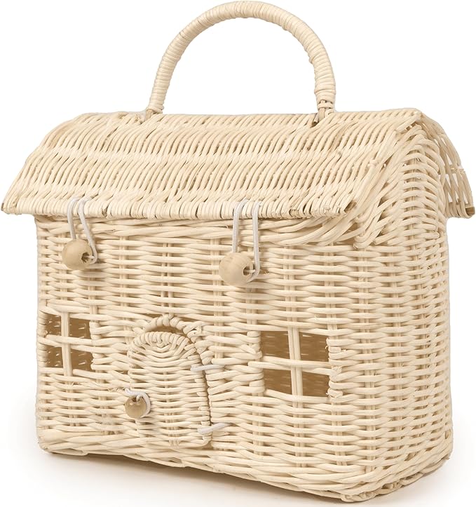 KOLWOVEN Rattan Storage Basket with Lid - Mouse in a Box - Small Doll House - Decorative Hand Woven Shelf Organizer - Cute Handmade Handcrafted Gift Decoration Artwork - Wicker (Natural)