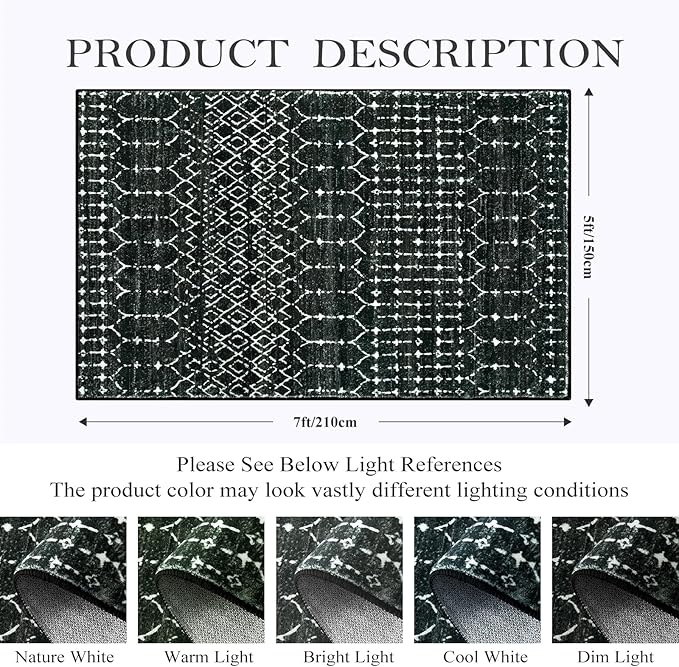 Lahome Moroccan Black Rug for Bedroom - Washable Area Rugs 4x6 Non-Slip Ultra-Thin Living Room Carpet Stain Resistant Throw Entryway Indoor Mat, Geometric Print Modren Carpet Rug for Office Kitchen