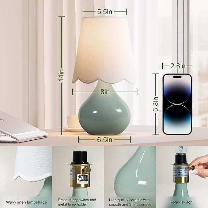 Ceramic Table Lamp,14''Small Bedside Lamp for Girls Bedroom, UL Certified, Desk Lamp with Handcrafted Ceramic Base & Linen Shade for Desk, Bedside Table, Cozy Teens Room Decor