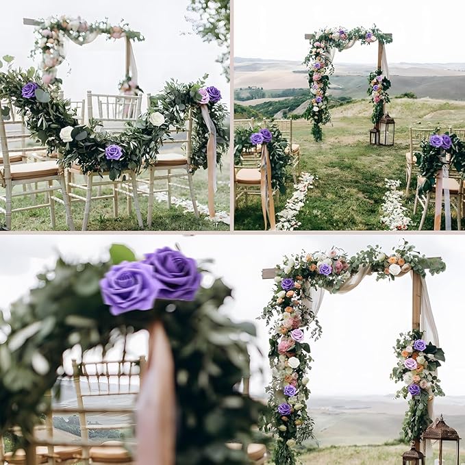 Artificial Flowers 50PCS Purple Roses Real Looking Foam Fake Roses with Leaves and for DIY Wedding Bouquets Bridal Shower Centerpieces Party Decorations (Purple Series, 50)